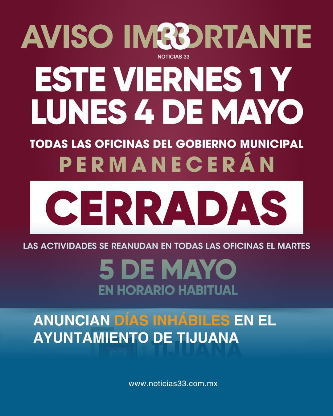 Ayuntamiento de Tijuana suspende labores por días festivos